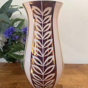 Vintage‎ Plum and White Cased Cut Glass Vase Gold Trim Bohemian Style Leaf Motif